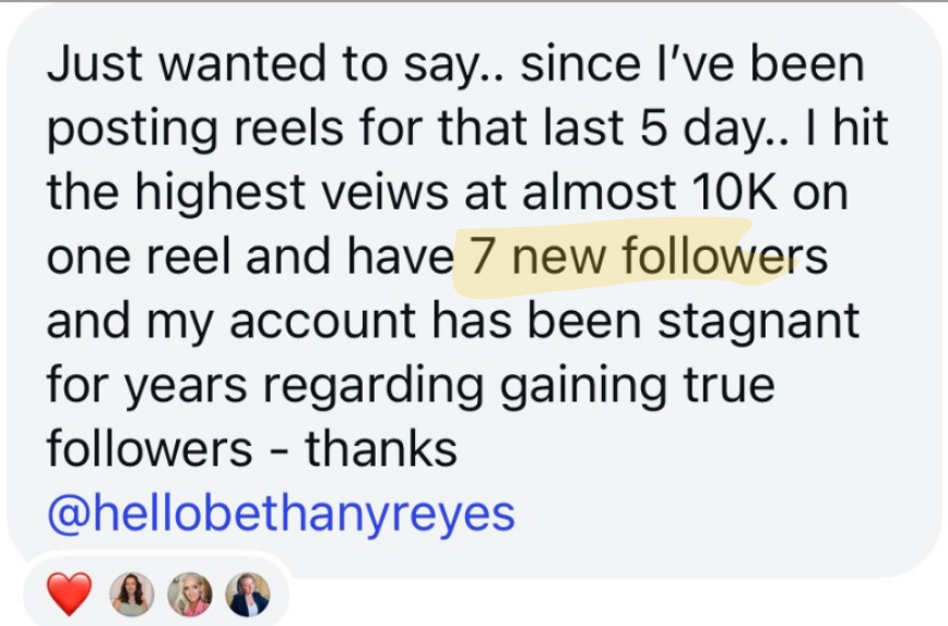 Instagram DM from a Content Club member: since I've been posting reels the last 5 days I hit the highest views at almost 10K on one reel and have 7 new followers