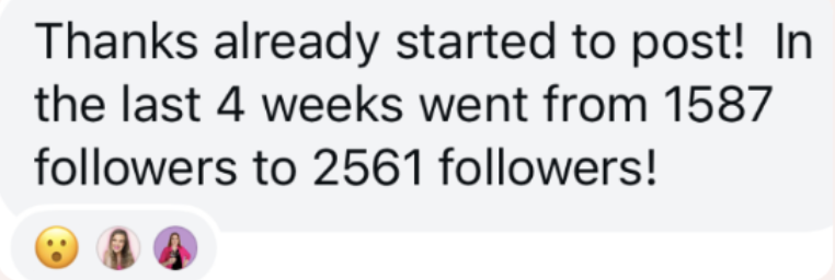 Instagram DM from a Content Club member: Thanks already started to post! In the last 4 weeks went from 1587 followers to 2561 followers!